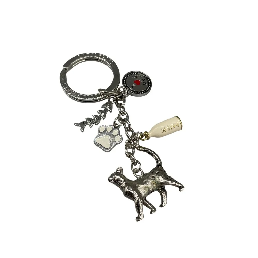 Little Gifts I Love My Cat Charm Keychain Silver Tone Fish Paw Milk Bottle Bag